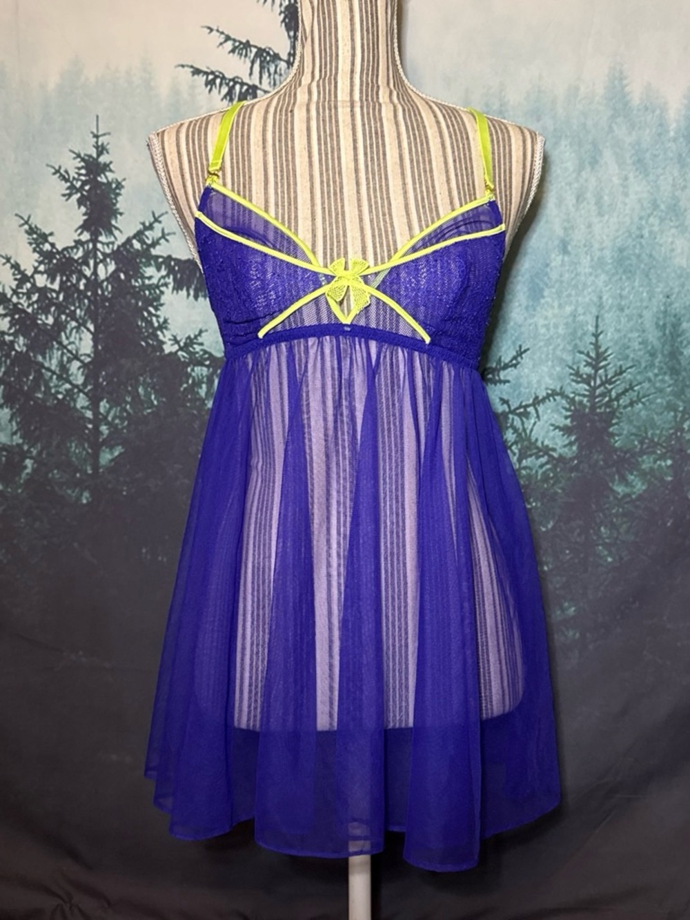 New Victorias Secret Sheer Babydoll Lingerie Slip Dress with Neon Yellow Trim